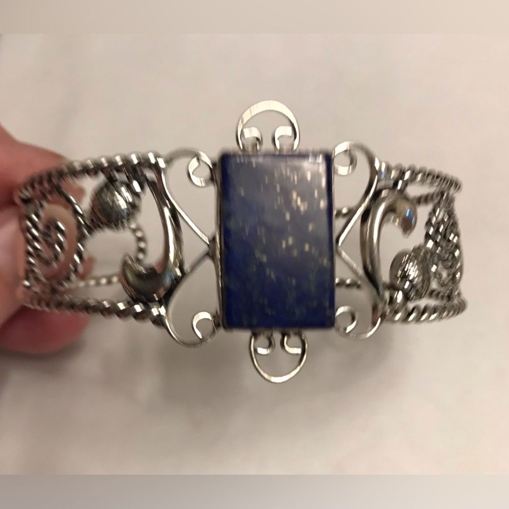Lapis Lazuli Stamped 925 Sterling Silver Cuff Bracelet